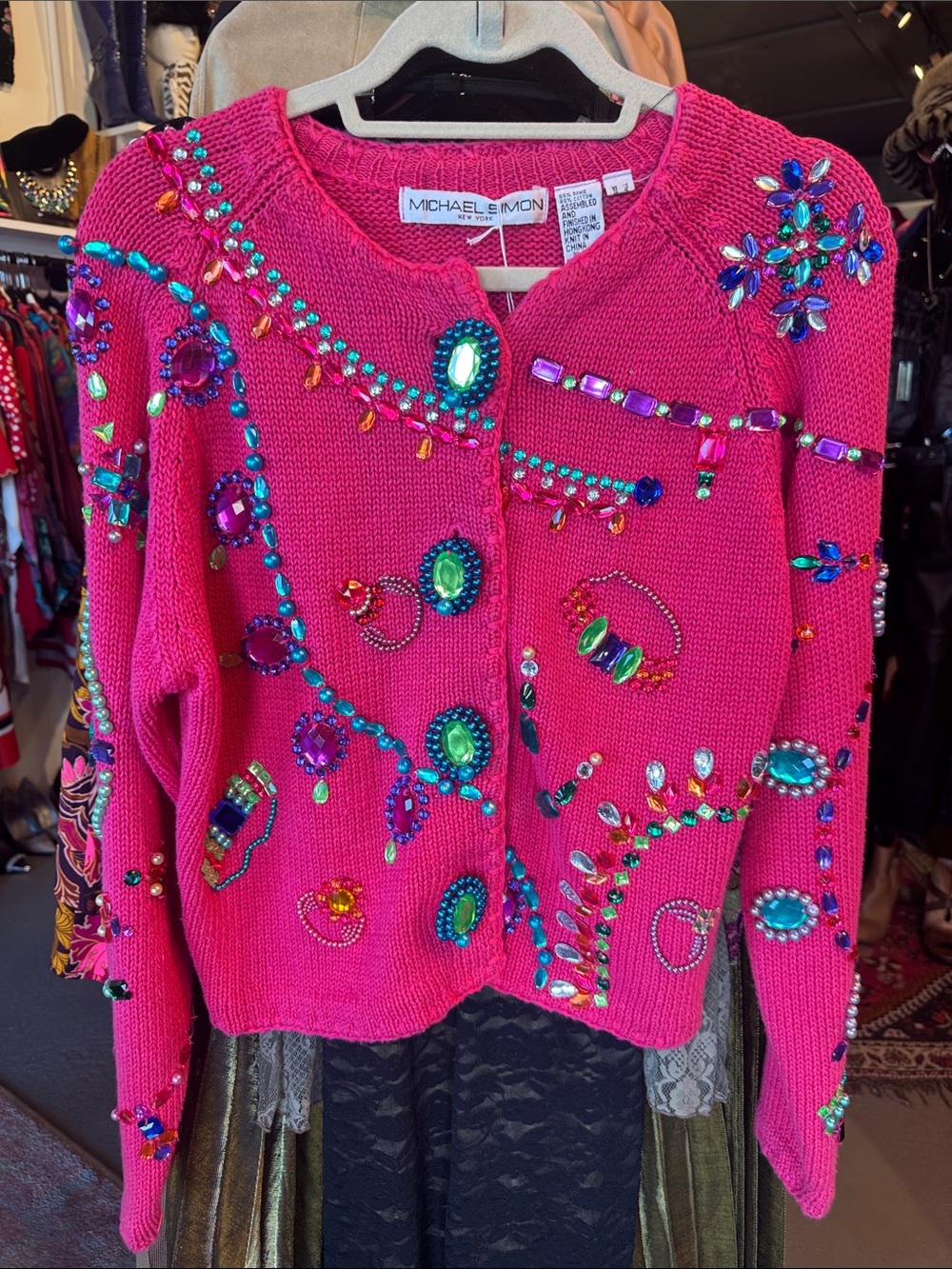 Michael Simon Hot Pink Jeweled Knit Cardigan